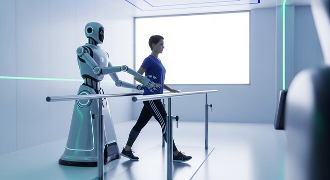 Futuristic medical robot provides support during physical therapy on parallel bars inside a sterile clinical setting for mobility training, therapy, artificial intelligence, health