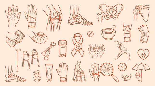 A collection of hand-drawn medical illustrations depicting various aspects of bone health, rehabilitation, and patient care.