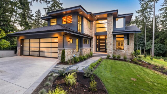 Modern home exterior. Lush landscaping