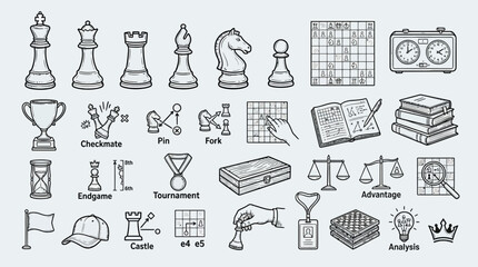A comprehensive collection of hand-drawn icons representing various aspects of the game of chess, including pieces, boards, timers, and strategic concepts. © KN collection