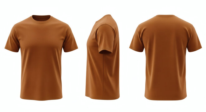Front side and back views of a plain short sleeve crew neck t-shirt in a rich brown terracotta color&nbsp;&nbsp;