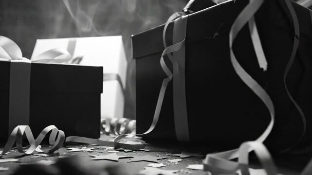 Black and white composition of wrapped presents with ribbons and smoke for a holiday celebration or special occasion