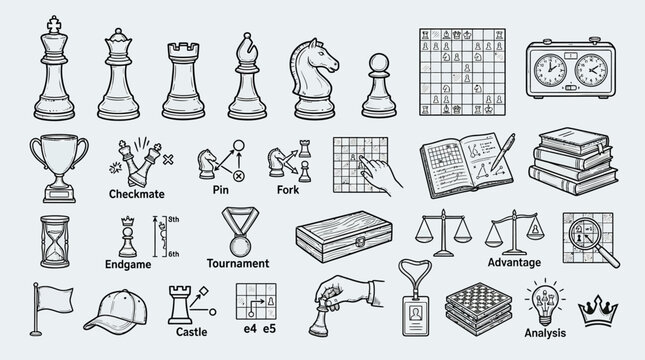 A comprehensive collection of hand-drawn icons representing various aspects of the game of chess, including pieces, boards, timers, and strategic concepts.