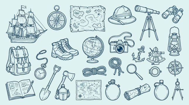 A comprehensive collection of vintage exploration and adventure gear, including maps, navigational tools, and survival equipment, rendered in a charming blue line art style.