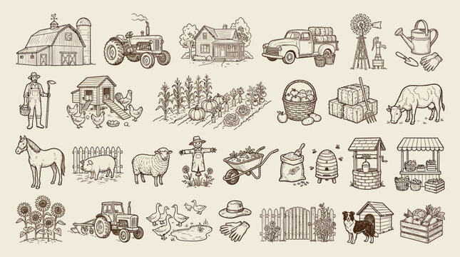 A charming collection of hand-drawn illustrations depicting various elements of farm life, including buildings, animals, crops, and equipment.