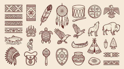 Collection of Native American cultural symbols and animals, including headdresses, dreamcatchers, tipis, and various wildlife. © KN collection