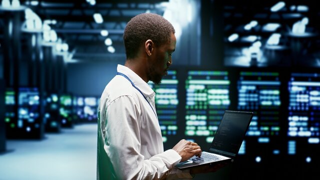 Supervisor monitoring crypto mining supercomputers solving complex mathematical equations. Admin in server farm hosting blockchain technology high volume real time transactions