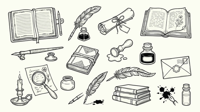 A collection of vintage writing instruments and stationery items, including quills, inkwells, letters, books, and a candle, rendered in a detailed sketch style.