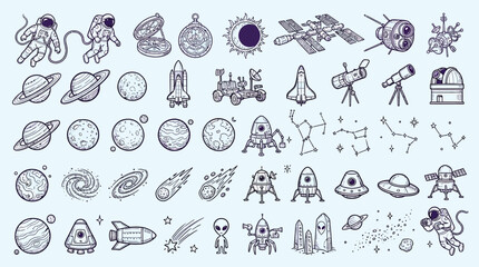 A comprehensive collection of hand-drawn space-themed illustrations, featuring astronauts, planets, rockets, and celestial bodies. © KN collection