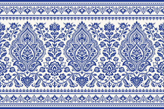 Blue and white Ikat seamless floral damask pattern, vintage ornamental ethnic textile background, decorative border design for fabric wallpaper wrapping paper.