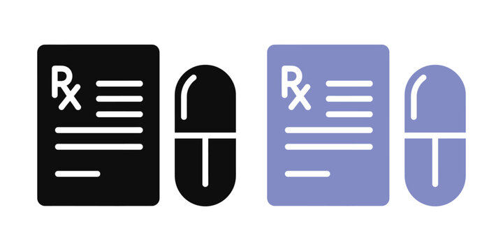 Prescription medication icons black and blue pills with rx symbol