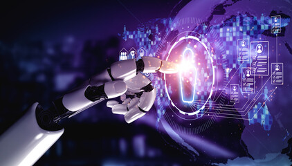 Fototapeta premium AI artificial intelligence transforms hiring with digital recruiters, virtual HR assistants, and smart matching tools for modern talent acquisition. Vouch