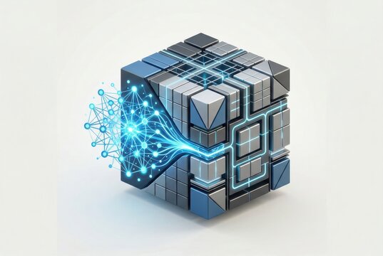Innovative 3D geometric cube emitting digital connections representing future technologies and neural networks fostering artificial intelligence and advanced data processing capabilities