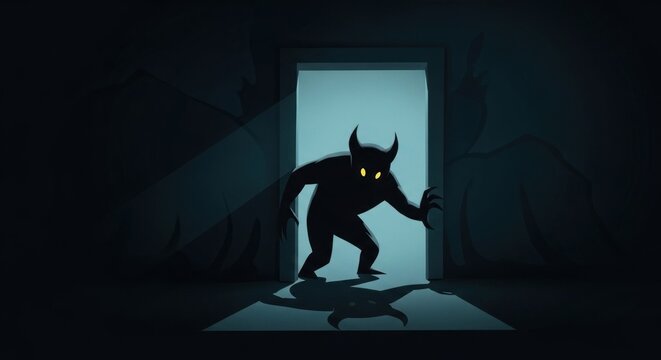 Horned monster silhouette lurking in doorway of dark room