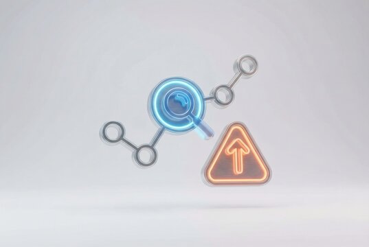 Futuristic data visualization with magnifying glass, growth symbol and interconnected nodes representing analytical insights and market projections in a digital landscape