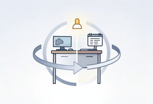 Home office workspace with computer and calendar symbols representing flexible work arrangements enhancing productivity and balance in a modern digital lifestyle