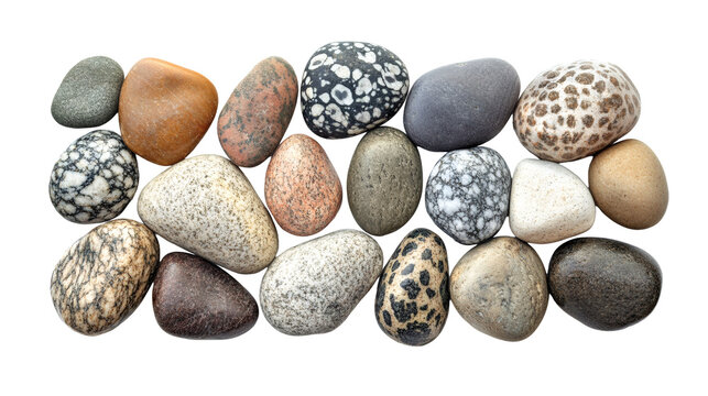 A beautiful collection of eighteen smooth polished river pebbles displaying diverse natural granite and speckled textures carefully arranged&nbsp;&nbsp;
