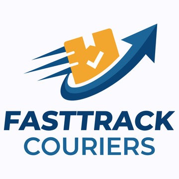 FastTrack Couriers logo with an orange package, a checkmark, and a blue rising arrow.