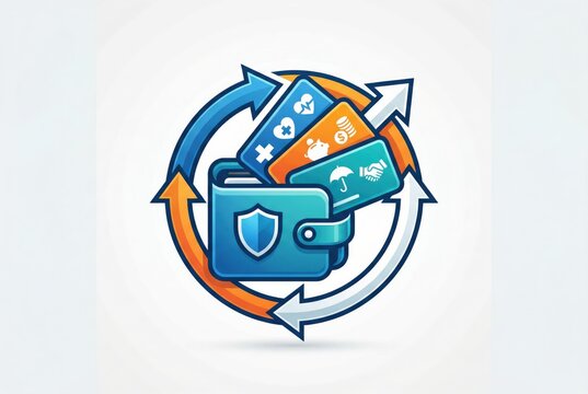 Innovative financial management with a secure wallet and diverse cards symbolizing insurance, healthcare, savings, and investment opportunities in a dynamic economic landscape