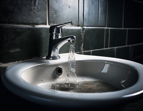 leaky faucet in dim bathroom showing water waste faucet drips into a dirty sink in a dark bathroom symbolizes neglect water waste decay cost and conservation