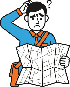 Confused Man Reading Paper Map Illustration