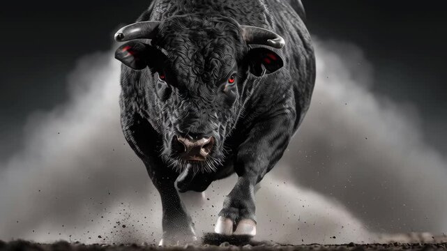 Angry black bull with red eyes running aggressively through dust and dirt on a dark background