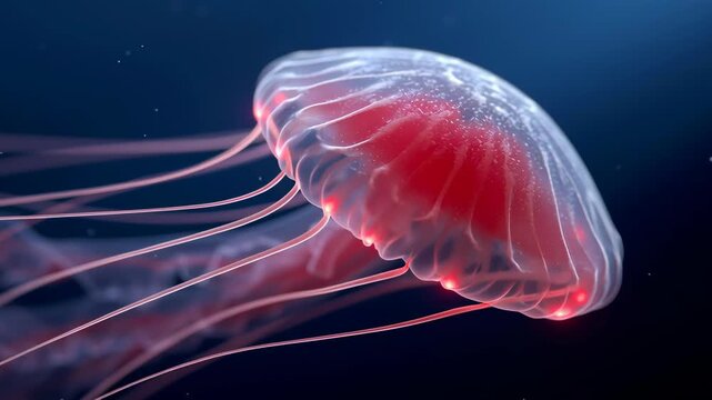 Bioluminescent red jellyfish floating majestically in the deep dark blue ocean, showing its beautiful transparent tentacles