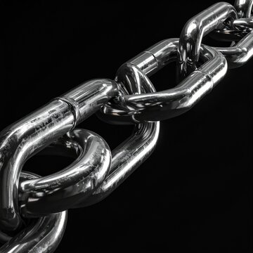 Close-up of a shiny metal chain against a deep black background