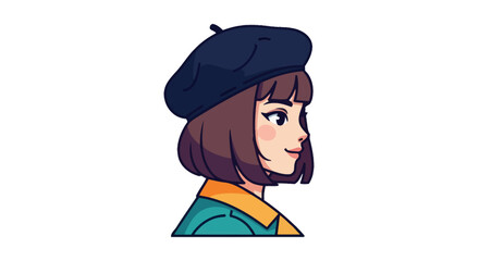 Illustrated Profile of a Young Woman Wearing a Blue Beret © Barokah