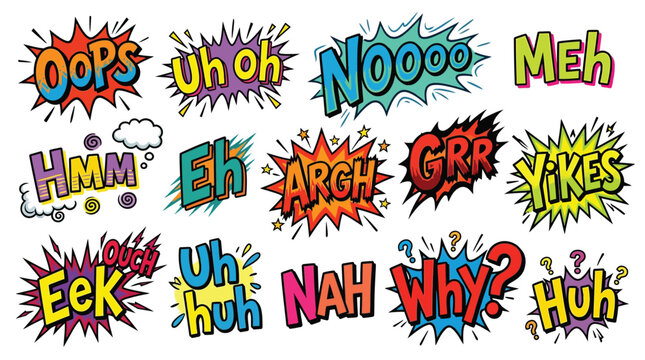 A vibrant collection of comic book style sound effect words and exclamations, presented in a dynamic and colorful arrangement.