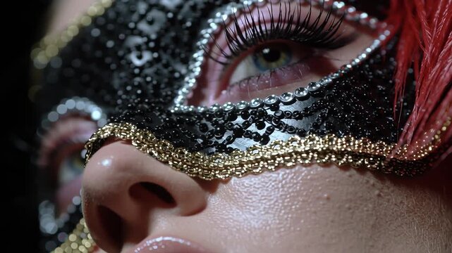 Close up of a mysterious woman's eye looking through a beautiful venetian carnival mask decorated with sequins and feathers