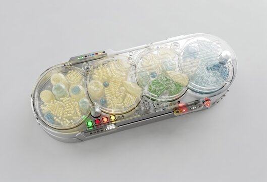 Innovative bioreactor system integrating diverse liquid cultures with advanced monitoring, featuring a sleek design demonstrating the intersection of biotechnology and automation