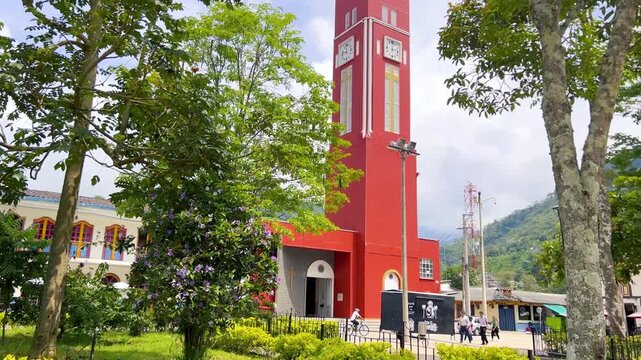 Panoramic view of the main park in Pijao, Quind&iacute;o, Colombia. Pijao Church