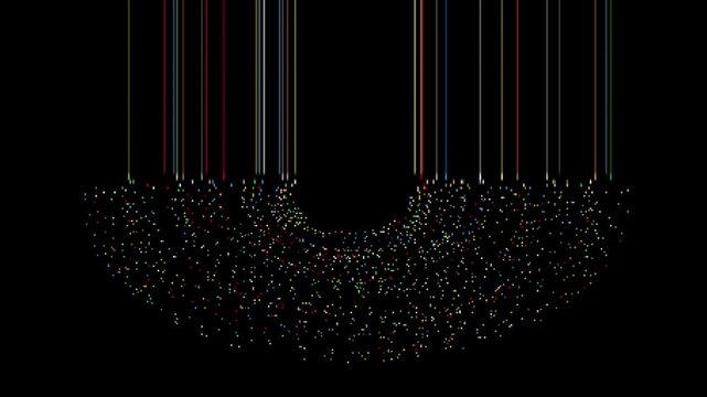 Tiny colorful light particles and lines animation on black background