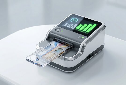 Advanced biomedical diagnostic device showcasing integrated circuitry and signal processing, representing future healthcare innovation with potential for revolutionary medical breakthroughs