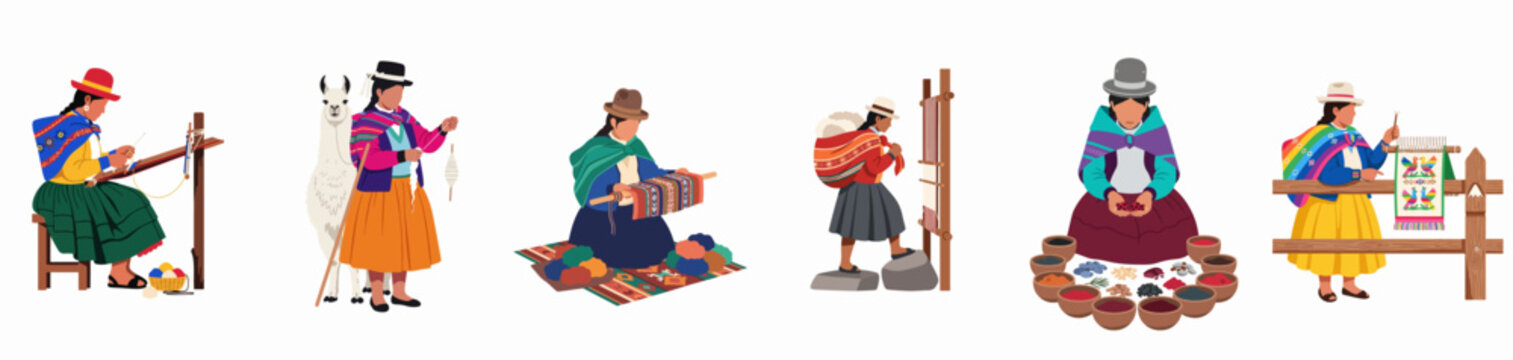 Set of flat illustrations depicting traditional Peruvian women engaged in weaving, spinning yarn, and natural dyeing of textiles in the Andean mountains.