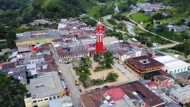 Aerial drone view of the town of Pijao, Quindio, Colombia. Aerial view of Pijao, Quindio