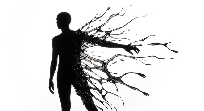 Human silhouette dissolving into black liquid splashes on white background