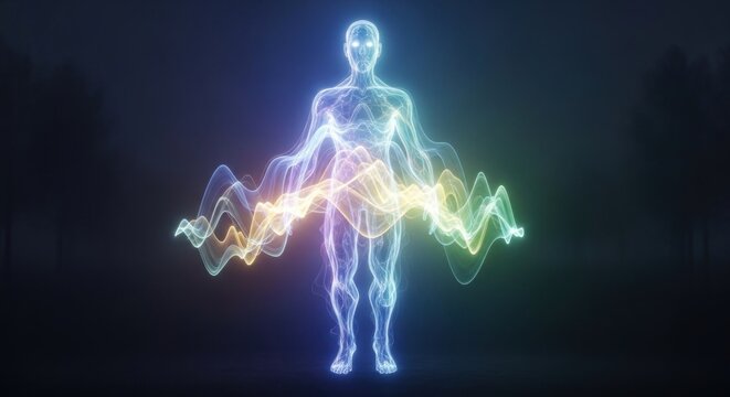 Human silhouette made of glowing energy waves in dark nature