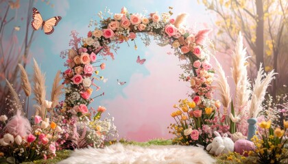 Enchanting Floral Archway with Butterflies in a Dreamy Garden Setting.