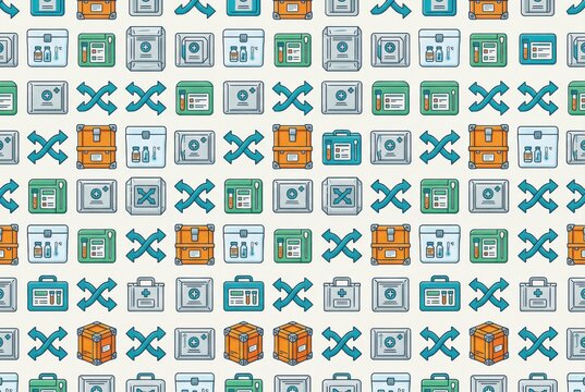 Seamless pattern design showcasing various medical supplies and equipment including first aid kits, medicine vials, and tools conveying themes of care and health management