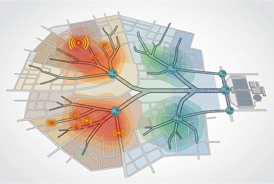 Digital urban connectivity map showcasing dynamic pathways and information flow with color coded zones, representing network signals and traffic patterns illustrating the evolution of smart