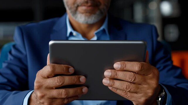 Mature businessman with a grey beard in a blue suit scrolling on a tablet for business communication in a modern office
