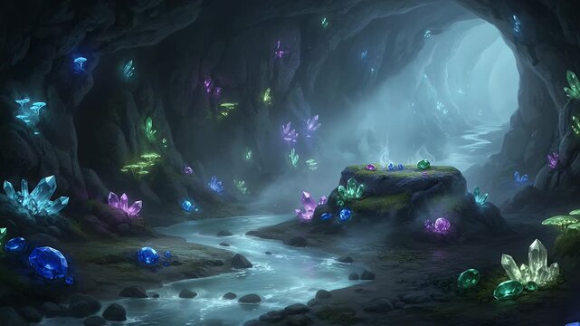 A majestic underground cavern features a glowing flowing stream surrounded by vibrant magical crystals radiating colorful light within a mysterious landscape of ancient rocks and deep shadows