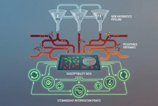 Illustrative technology diagram showcasing the antibiotic discovery process illustrating new antibiotics pipeline along with susceptibility data and resistance pathways contributing to