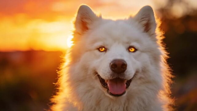 Majestic White Dog with Fiery Golden Eyes Against a Blazing Sunset