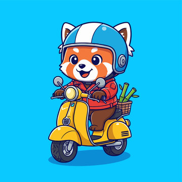 Cute red panda riding a yellow scooter with a basket of bamboo.