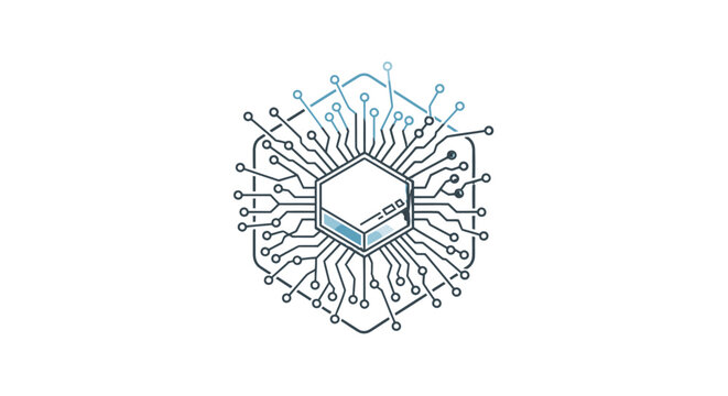 A stylized illustration of a circuit board design.