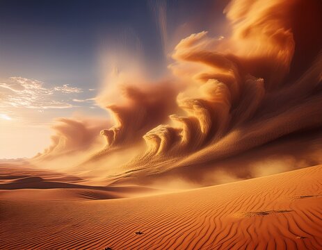 powerful desert sandstorm with rolling clouds of dust and sand particles