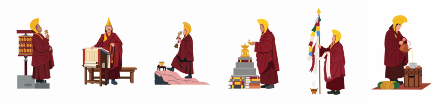 Set of Tibetan Buddhist Monks Performing Various Religious Rituals and Traditions in Traditional Attire